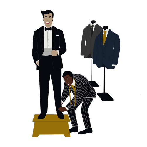 Client on a fitting platform in a finished dinner suit