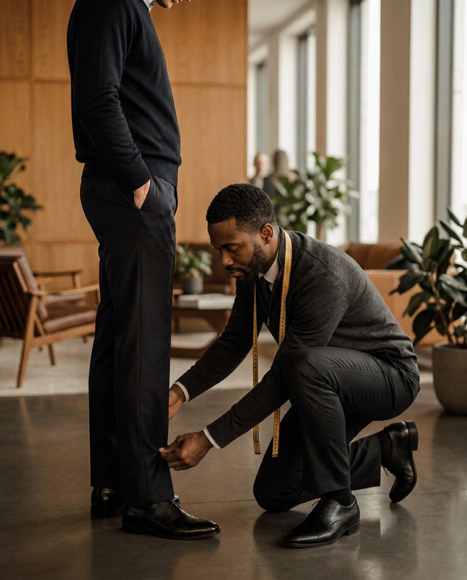 Tailor pinning a client's trousers during an on-site office fitting