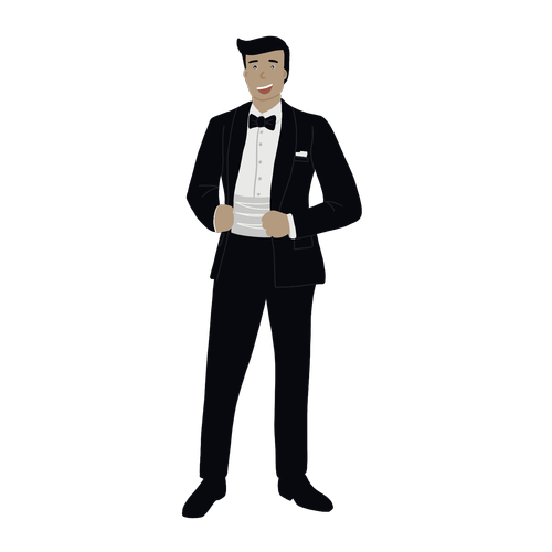 Client wearing a finished black tuxedo with bow tie