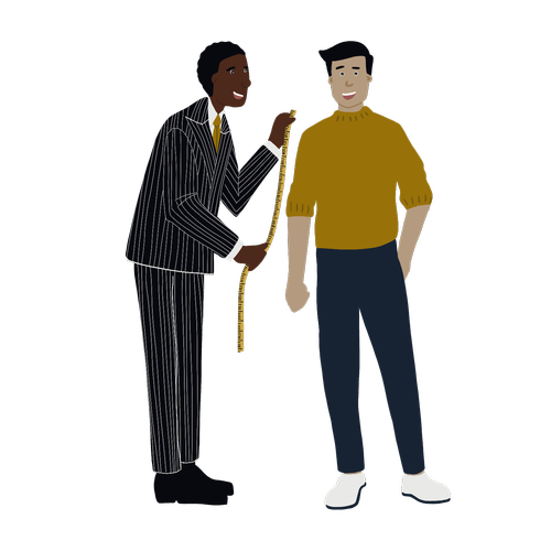 Tailor taking measurements of a client with a tape measure