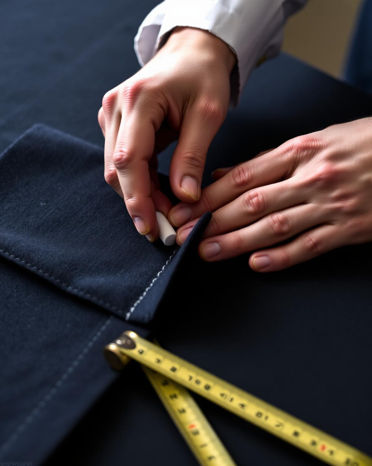 Tailor marking cloth with chalk during a bespoke fitting