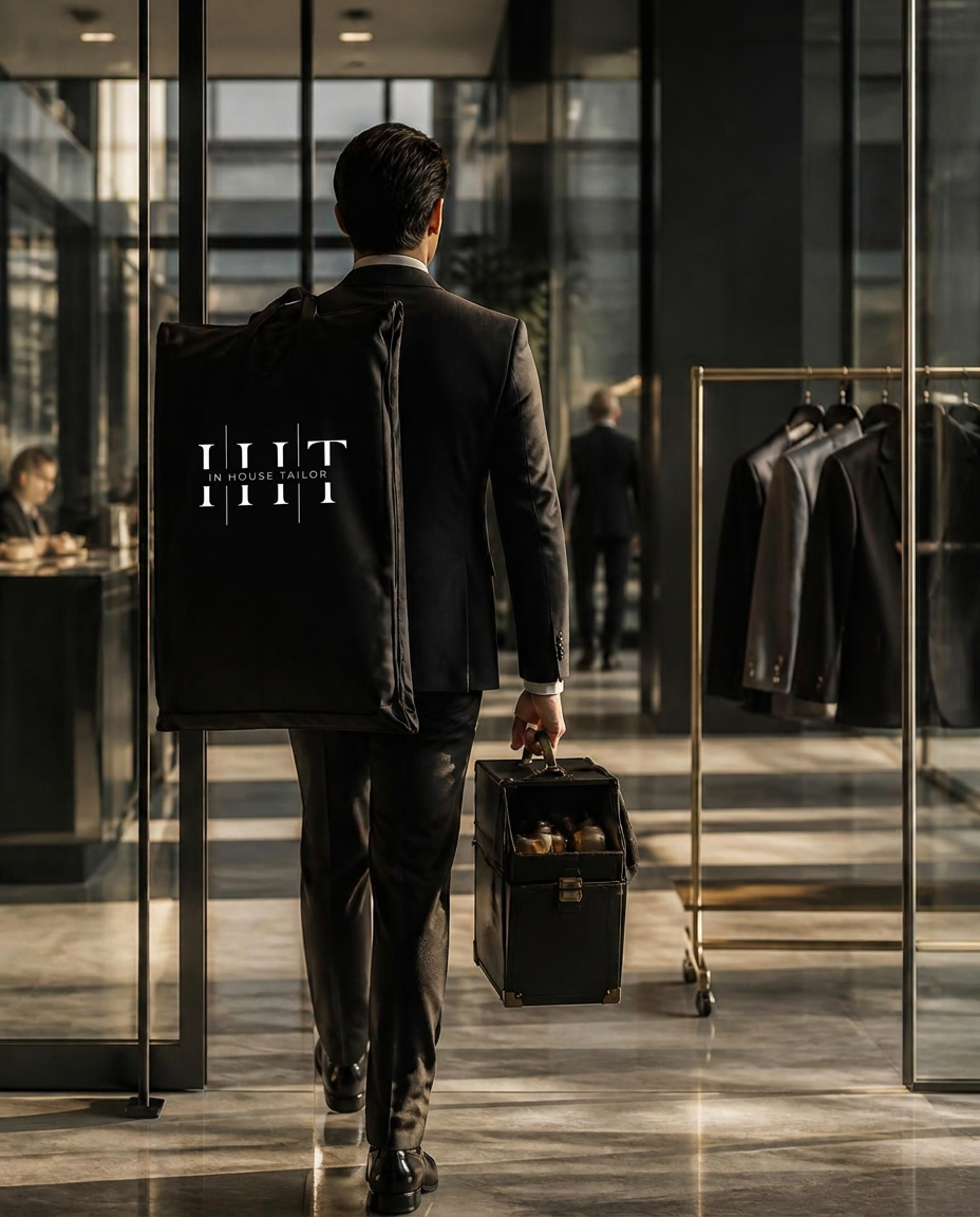 In House Tailor arriving at a corporate office with garment bag and equipment